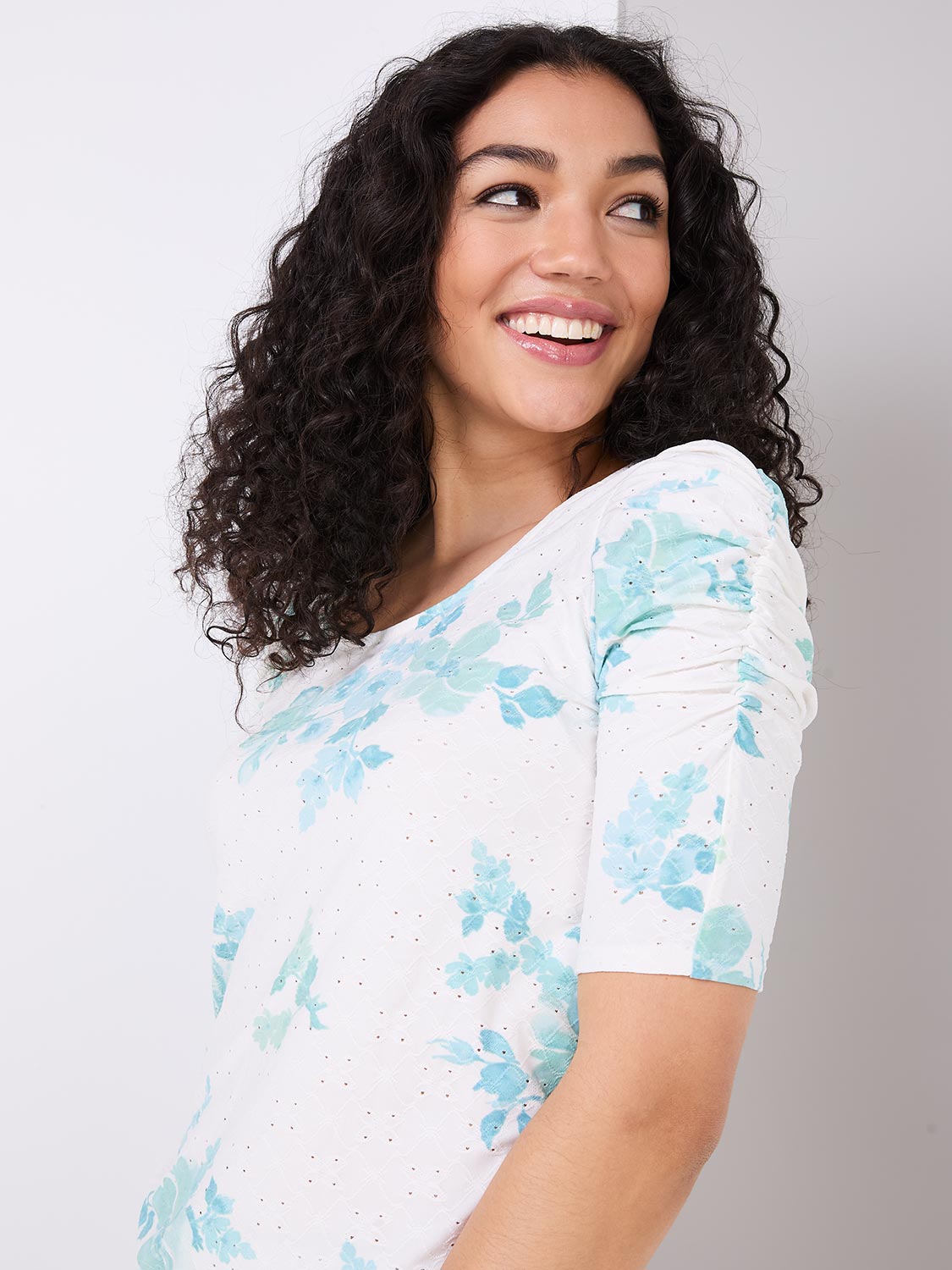 Floral Print Eyelet Top With Ruched Sleeves