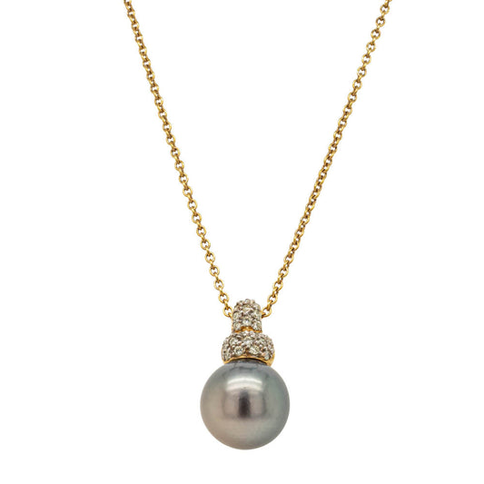 18ct Yellow Gold Black Pearl & Diamond Pendant