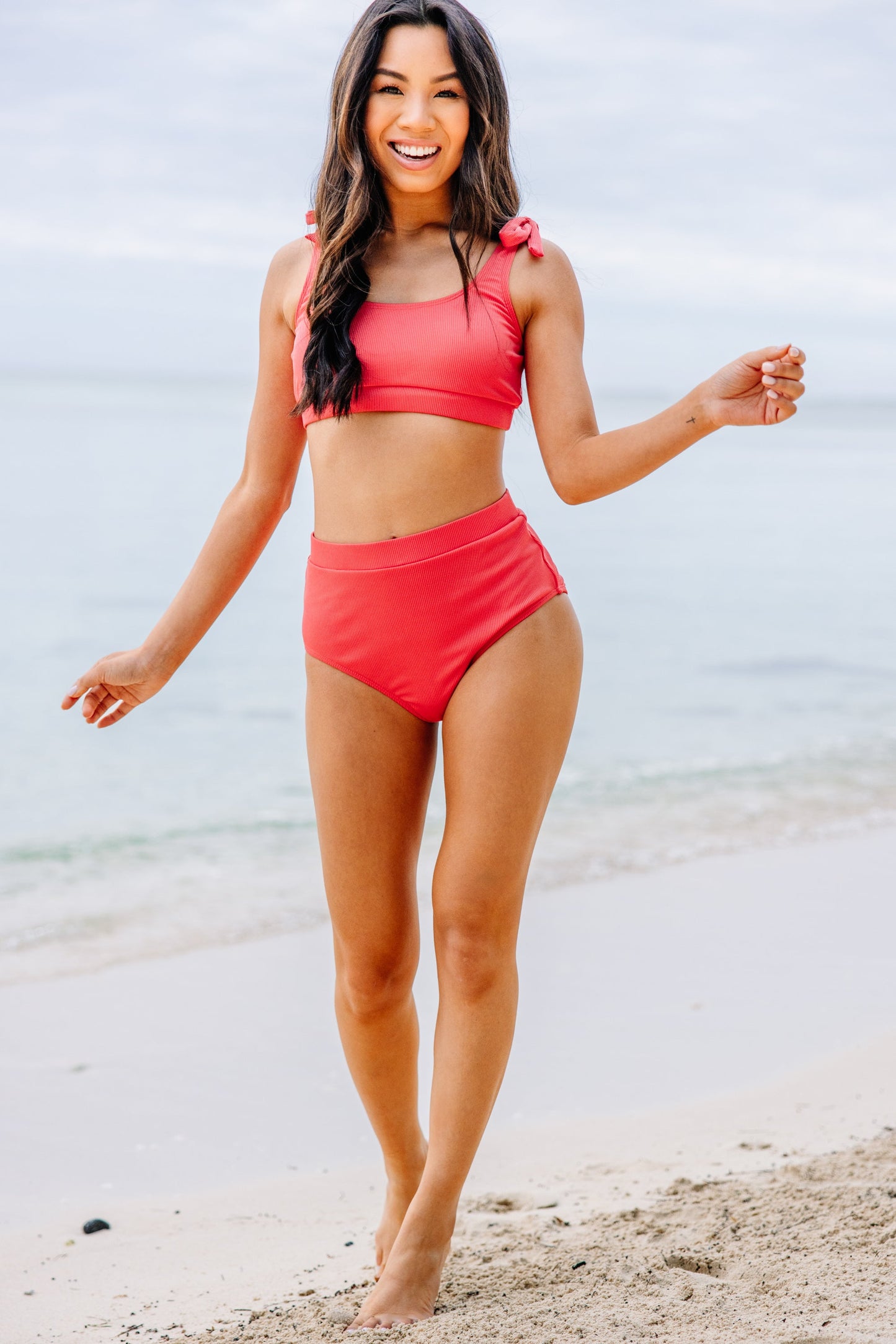 On A Whim Coral Red Ribbed Bikini Top