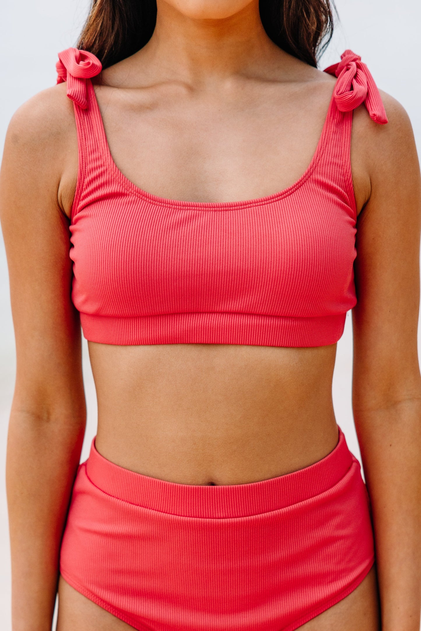 On A Whim Coral Red Ribbed Bikini Top