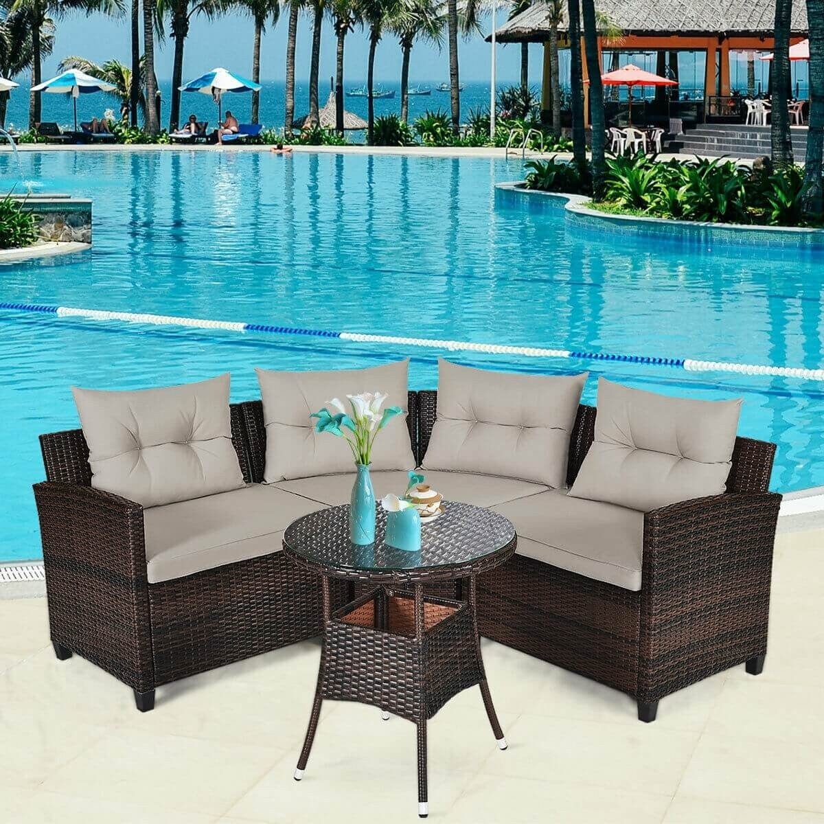 4pc Outdoor Cushioned Wicker Rattan Furniture Set - Brown