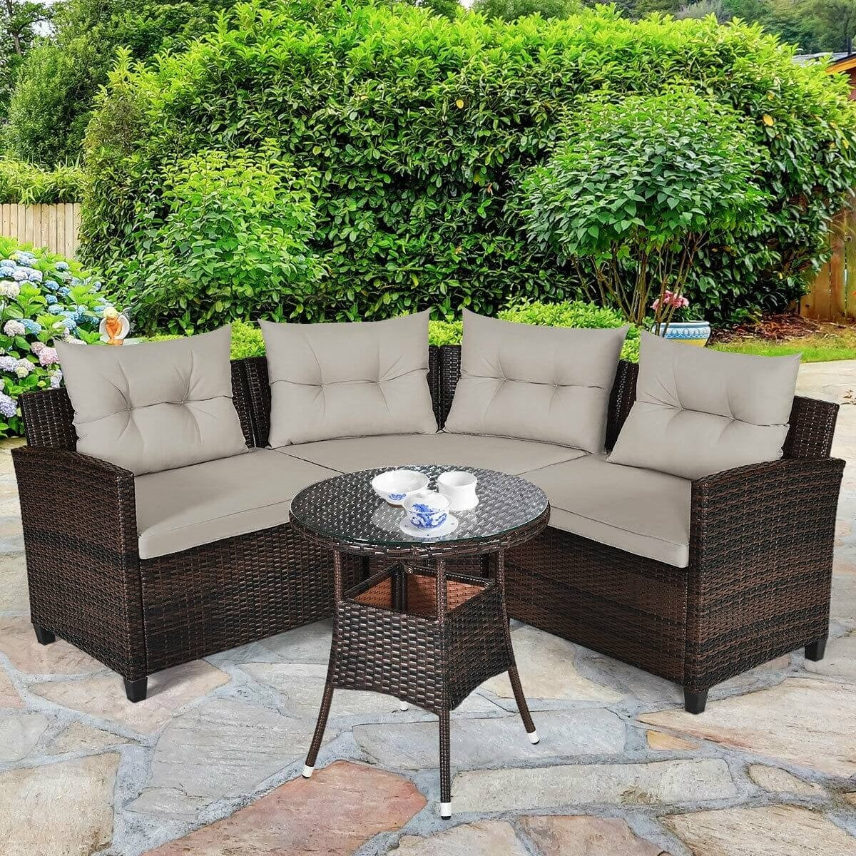 4pc Outdoor Cushioned Wicker Rattan Furniture Set - Brown