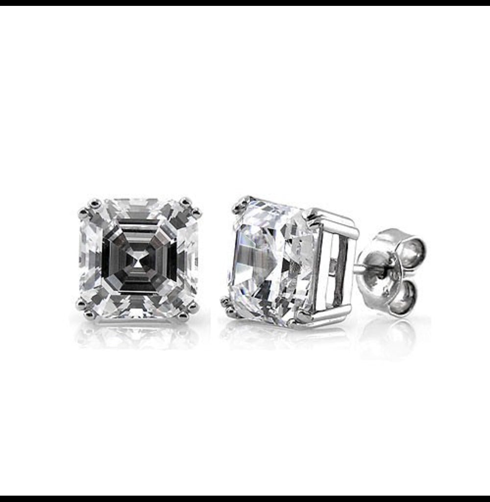 Sterling Silver with Clear Cubic Zirconia Asscher-Cut Stud Earrings