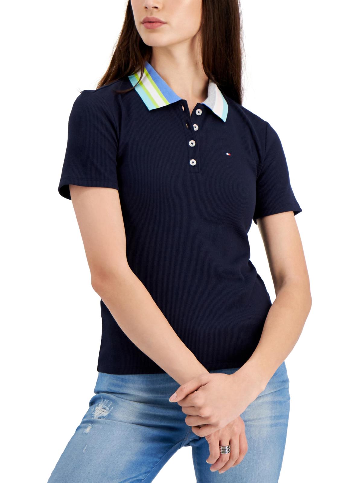 Womens Striped Ribbed Polo Top