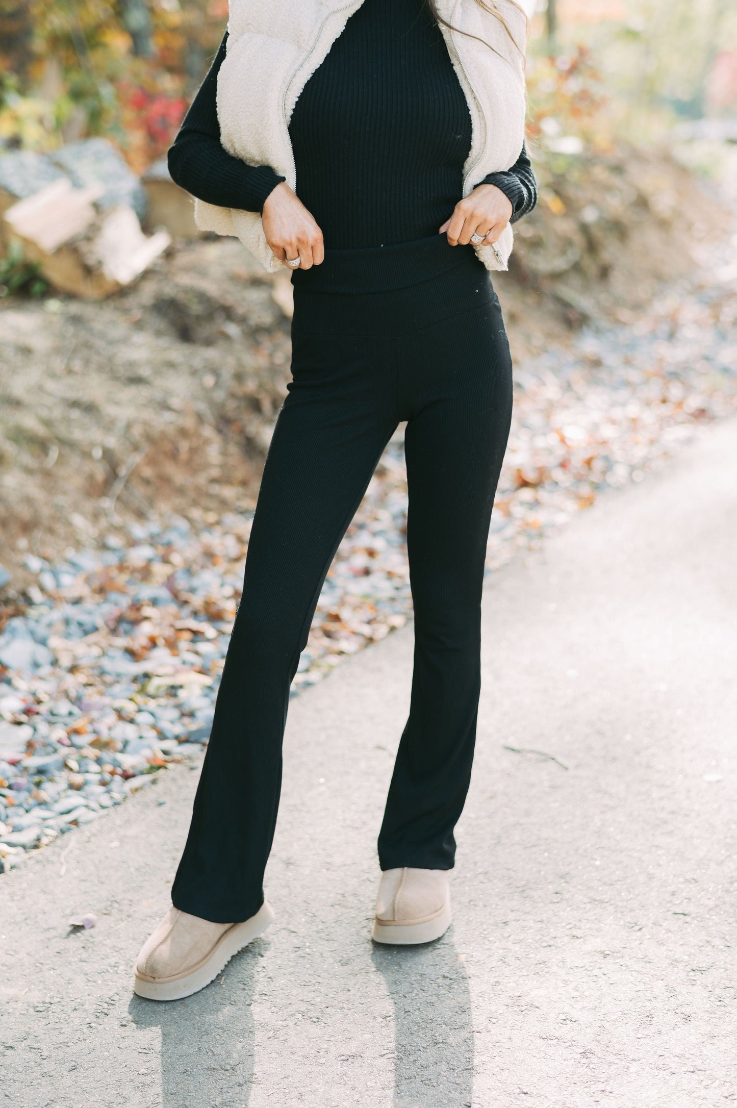 Ribbed Fold Over Leggings- Black