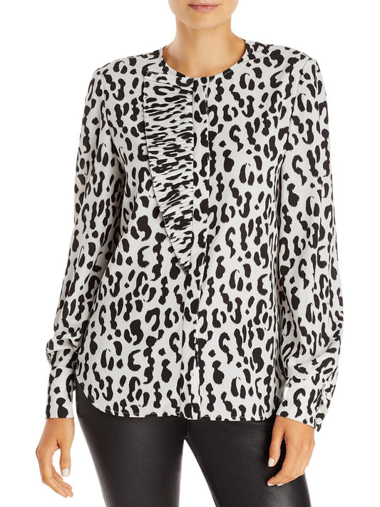 Womens Animal Print Pleated Button-Down Top