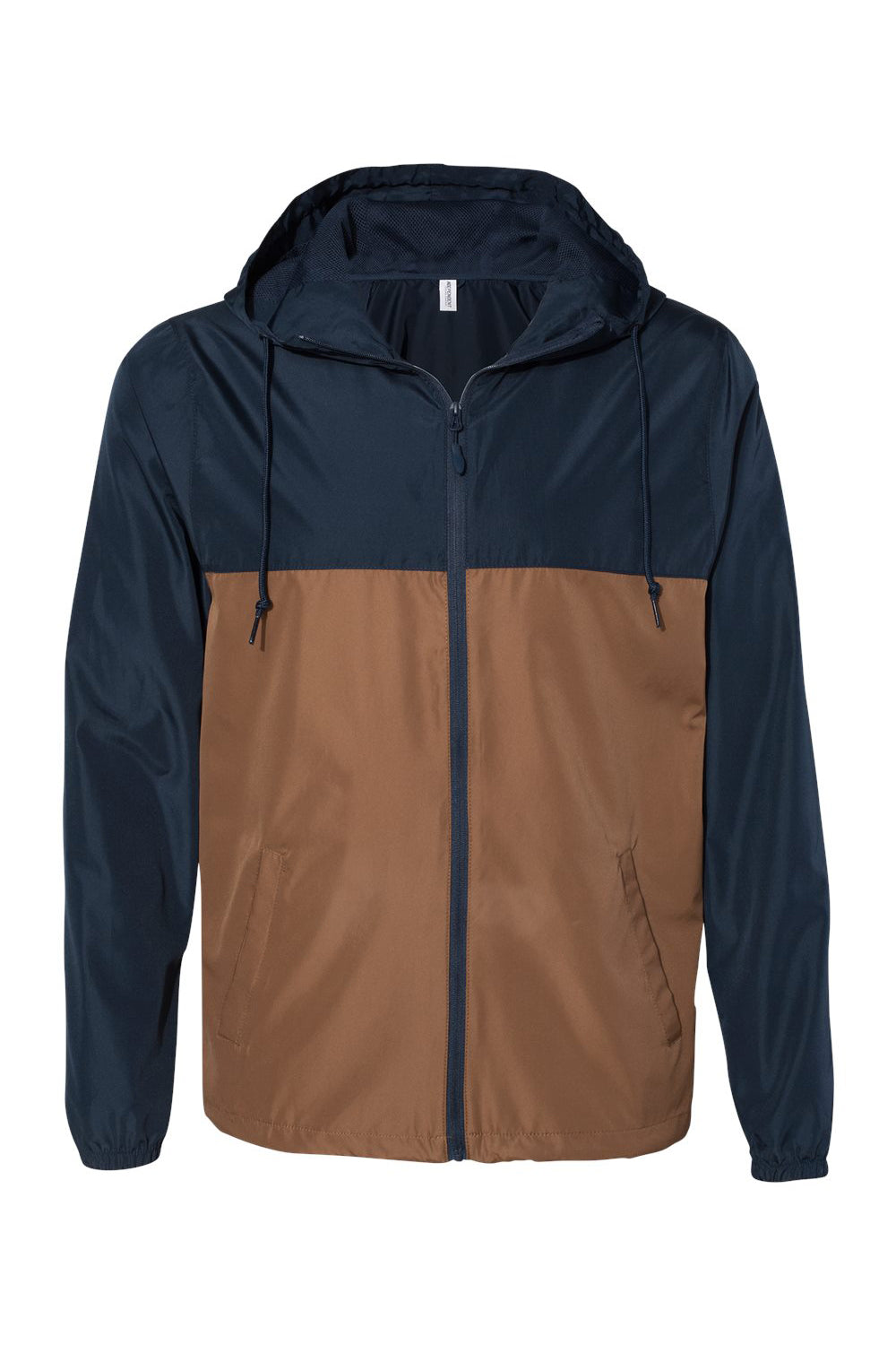 Independent Trading Co. Mens Water Resistant Full Zip Windbreaker Hooded Jacket - Classic Navy Blue/Saddle Brown - NEW