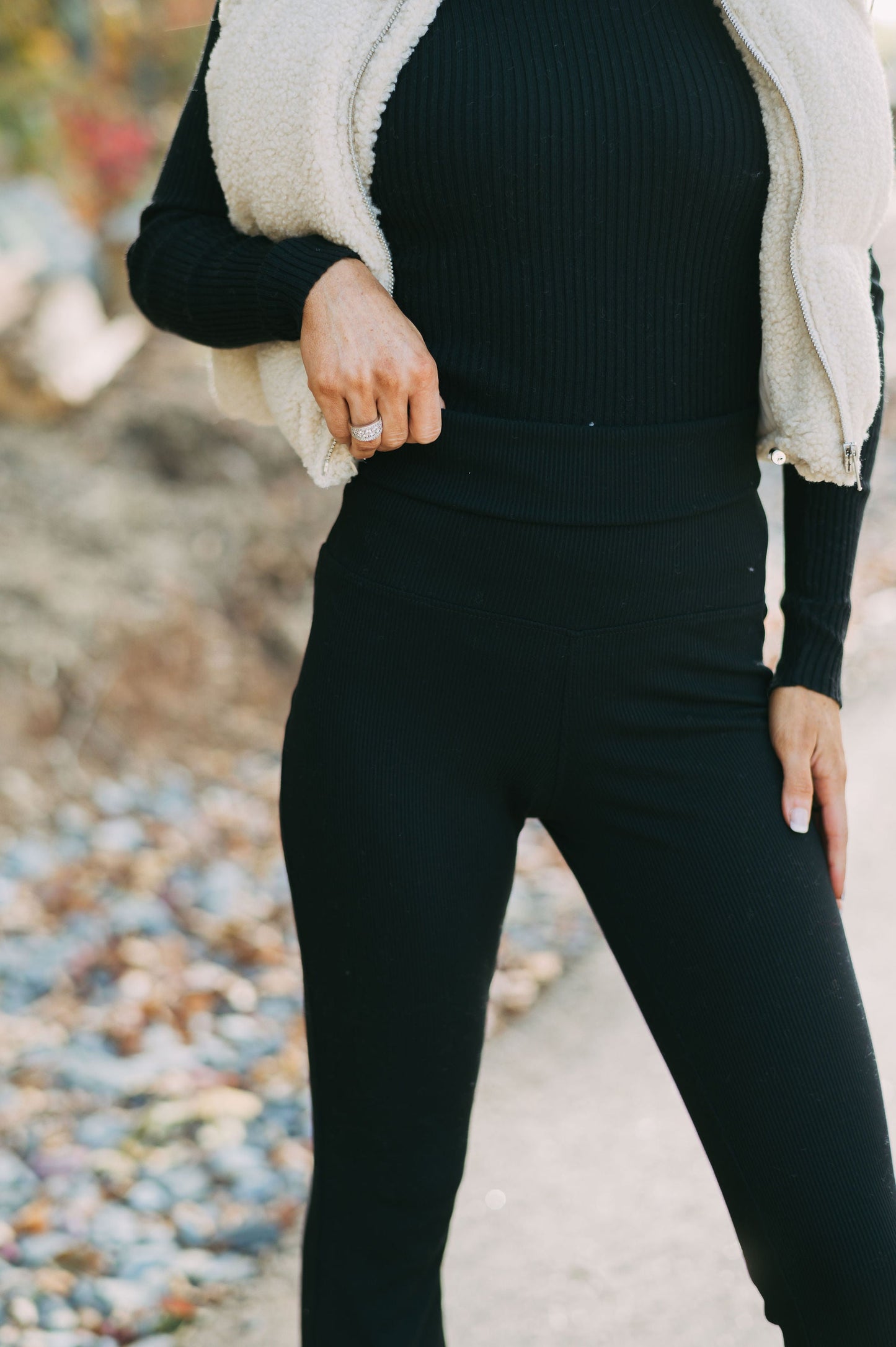 Ribbed Fold Over Leggings- Black