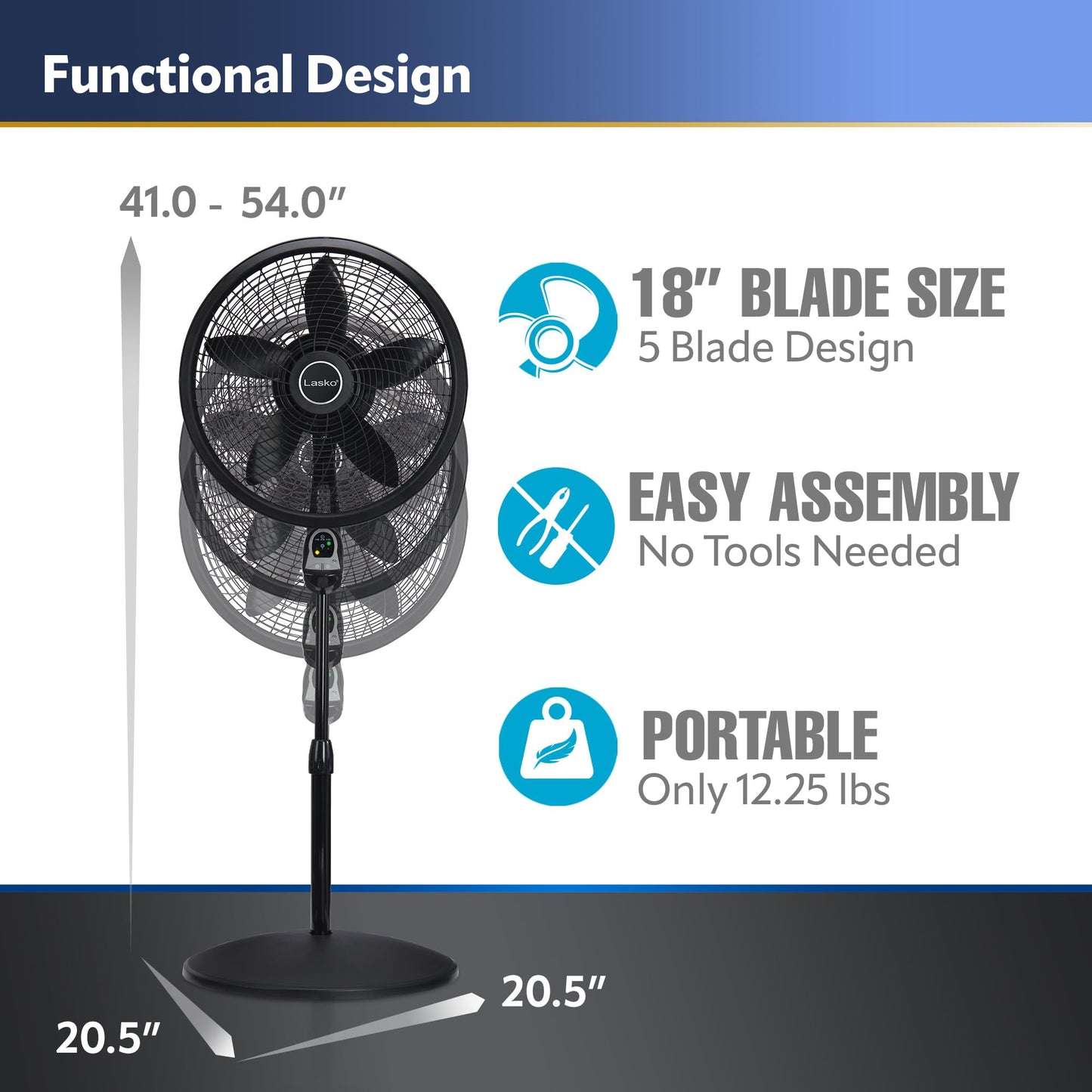 Lasko Oscillating Cyclone Pedestal Fan, Adjustable Height, Timer, Remote Control, 3 Speeds, for Bedroom, Living Room, Home Office, 18", Black, 1843