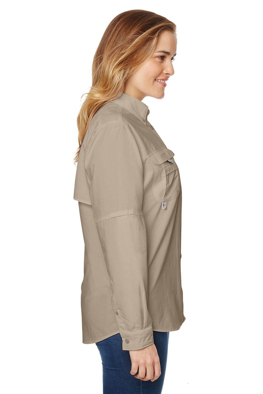 Columbia Womens Bahama Moisture Wicking Long Sleeve Button Down Shirt w/ Double Pockets - Fossil