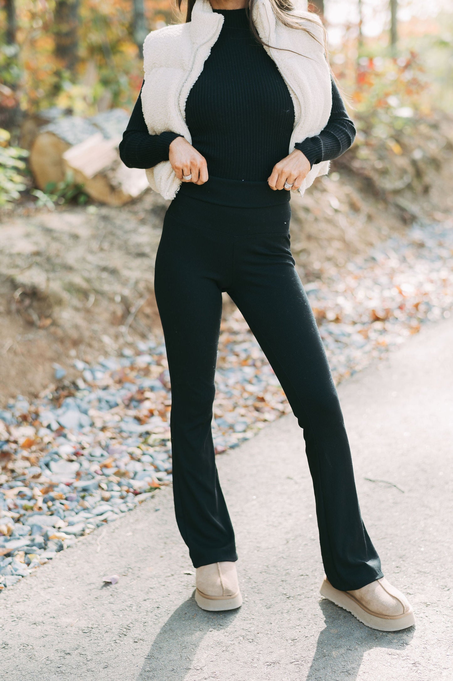 Ribbed Fold Over Leggings- Black