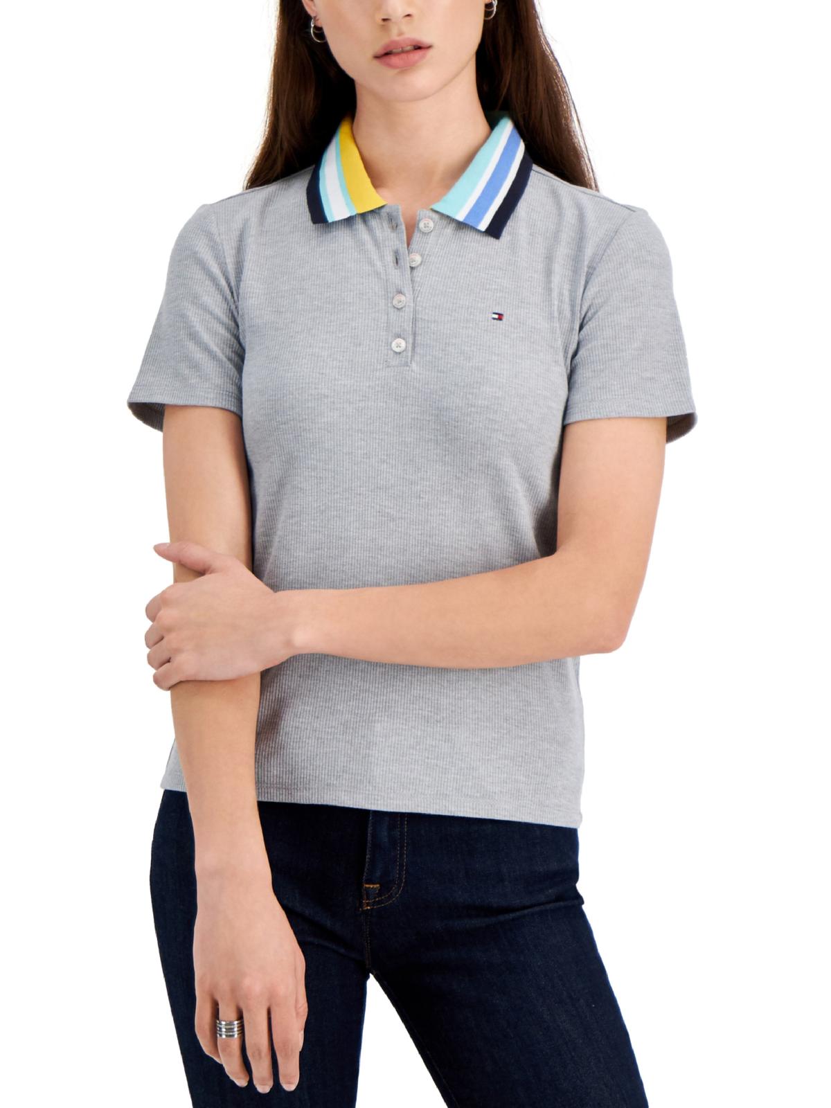 Womens Striped Ribbed Polo Top