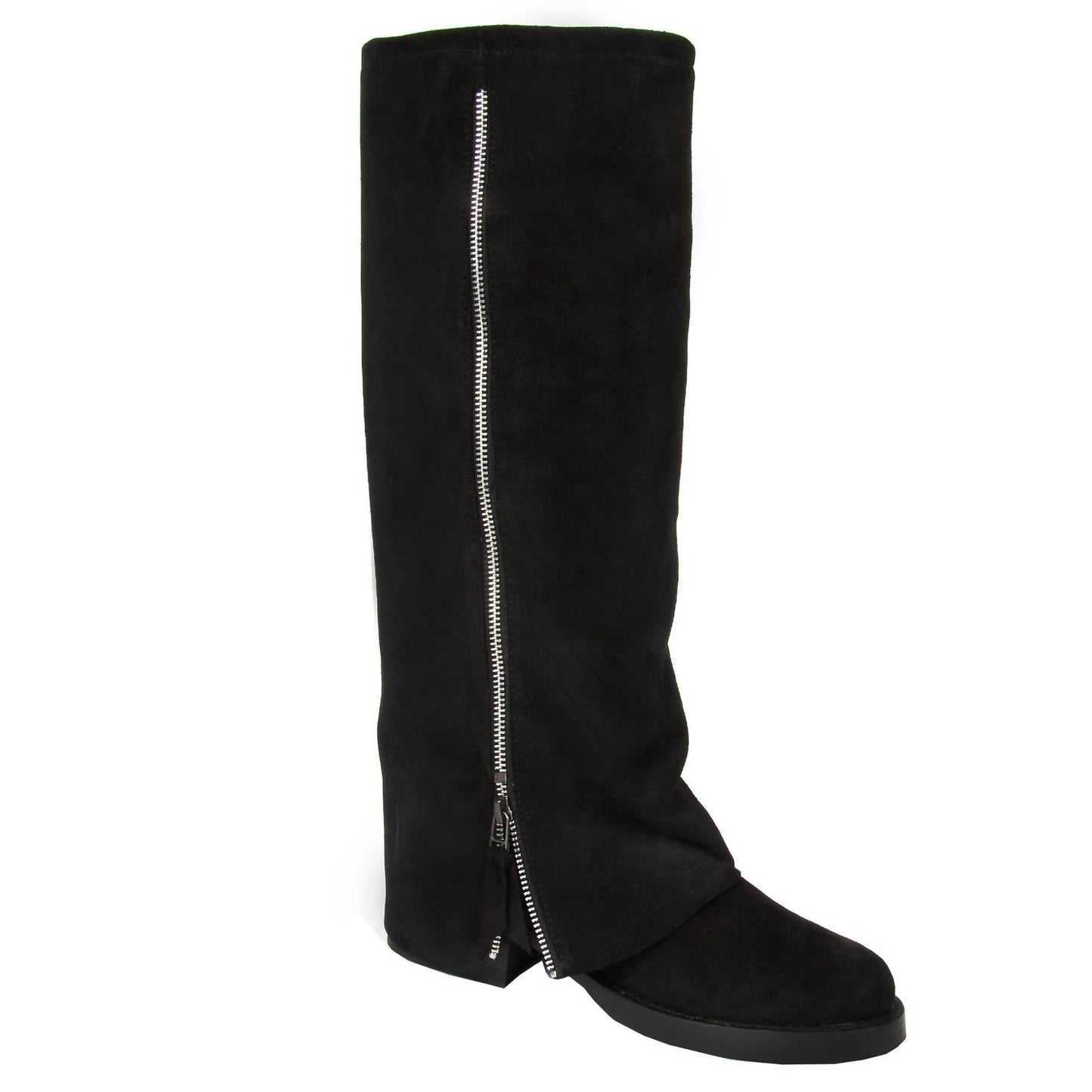 Women's Cuff Leather Biker Boots In Black