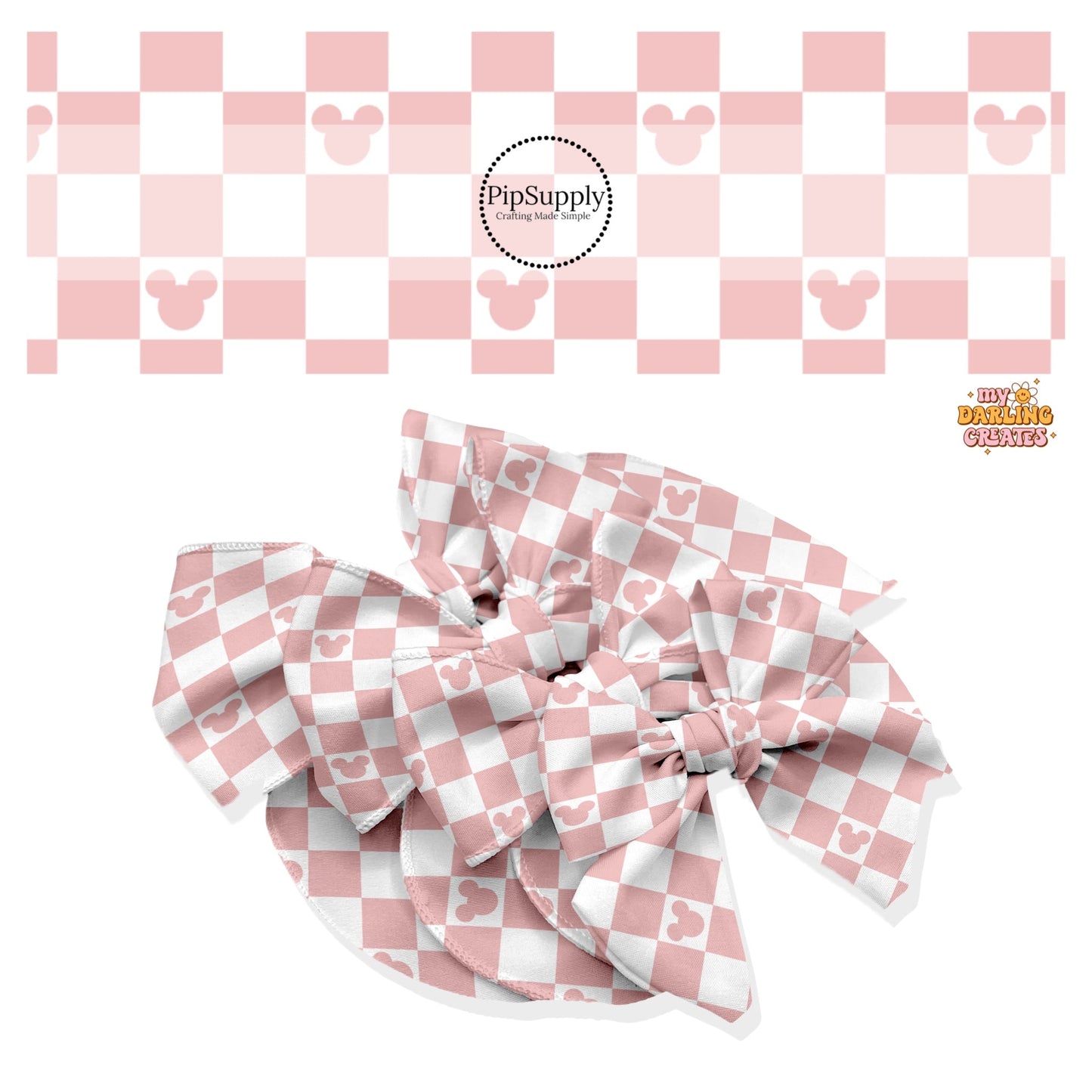 Dusty Rose Mouse Checkered Hair Bow Strips