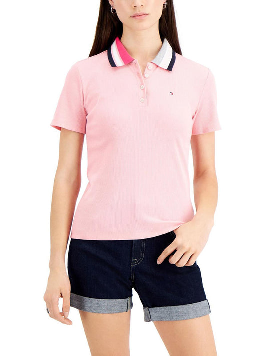 Womens Striped Ribbed Polo Top